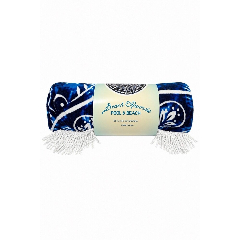 Loft by Loftex Astrid Round Beach Towel 65" Blue White Cotton NIP Fringe Mandala